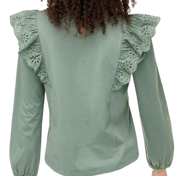 J Crew Top Women’s M Green Long-sleeve Eyelet Ruffle Cotton BN638 Modest Dainty - Picture 11 of 13
